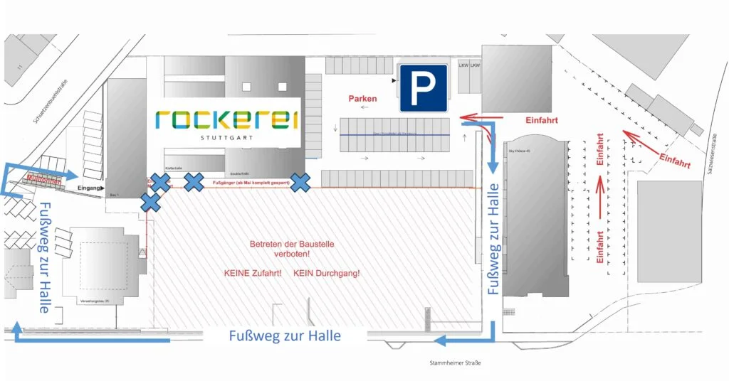 Skizze mit Wegbeschreibung vom Parkplatz zum Kletterhalleneingang | © rockerei