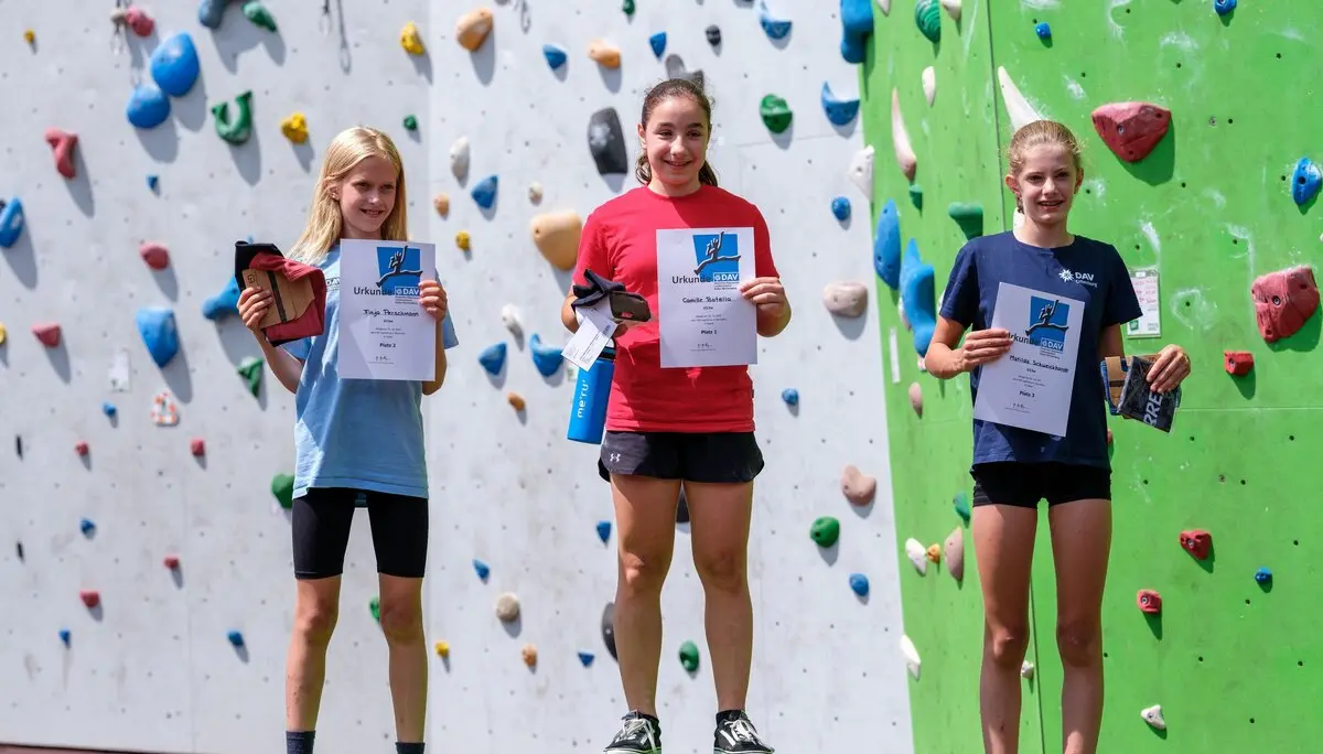Siegerehrung dreier Mädchen vor einer Kletterwand | © Oliver Gobin
