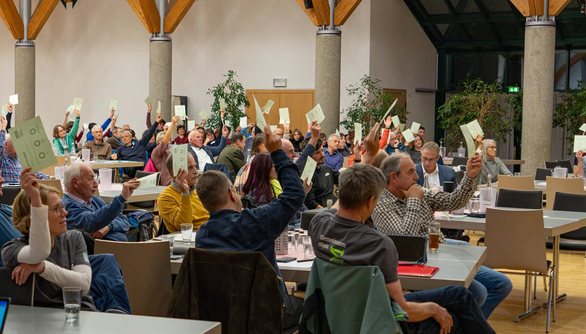 Sitzende Menschen halten Stimmzettel in die Höhe | © DAV Schwaben, Foto: Robin Wilkens
