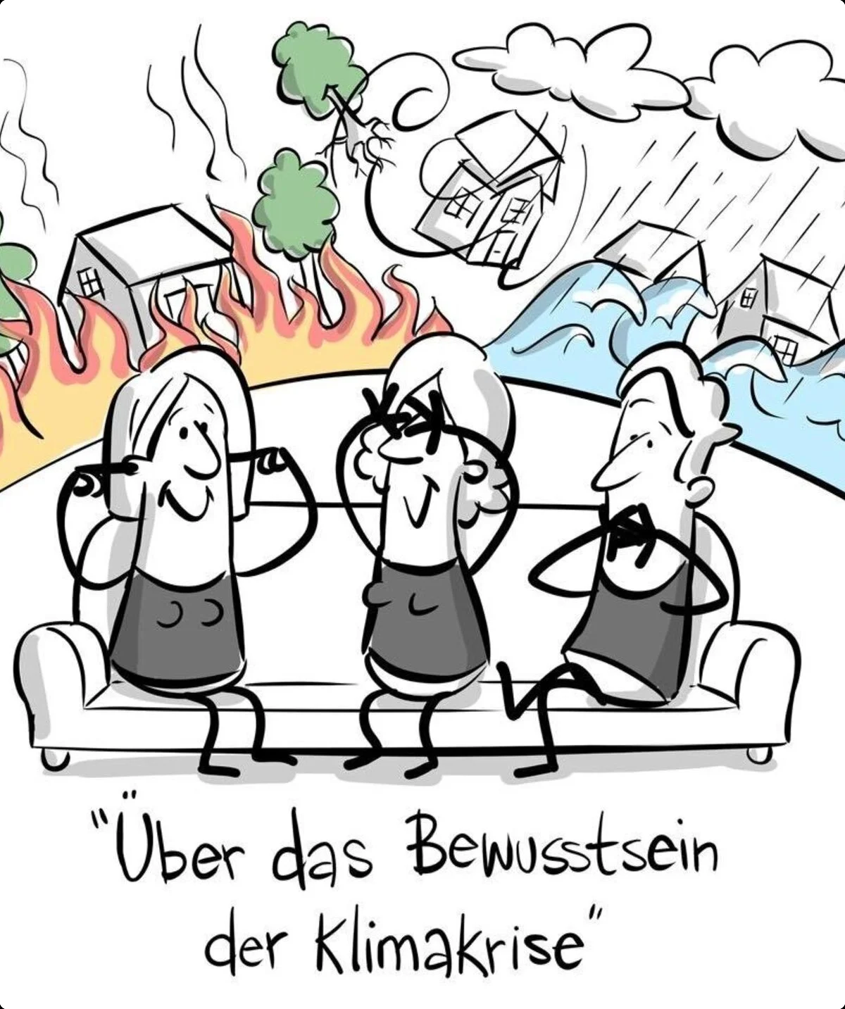 Strichzeichnung, drei Frauen sitzen auf dem Sofa, nichts hörend, sehend und sprechend. Darunter steht Über das Bewusstsein in der Klimakrise | © Stefanie Pausch