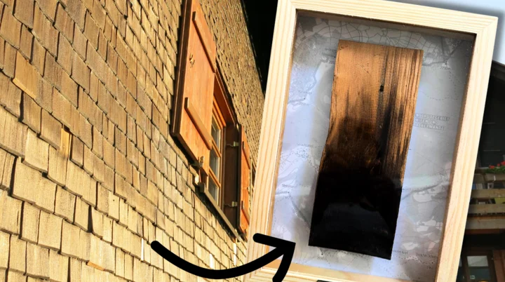 links: Hüttenfassade, rechts: Bilderrahmen mit Holzschindel | © Nina Ahrens