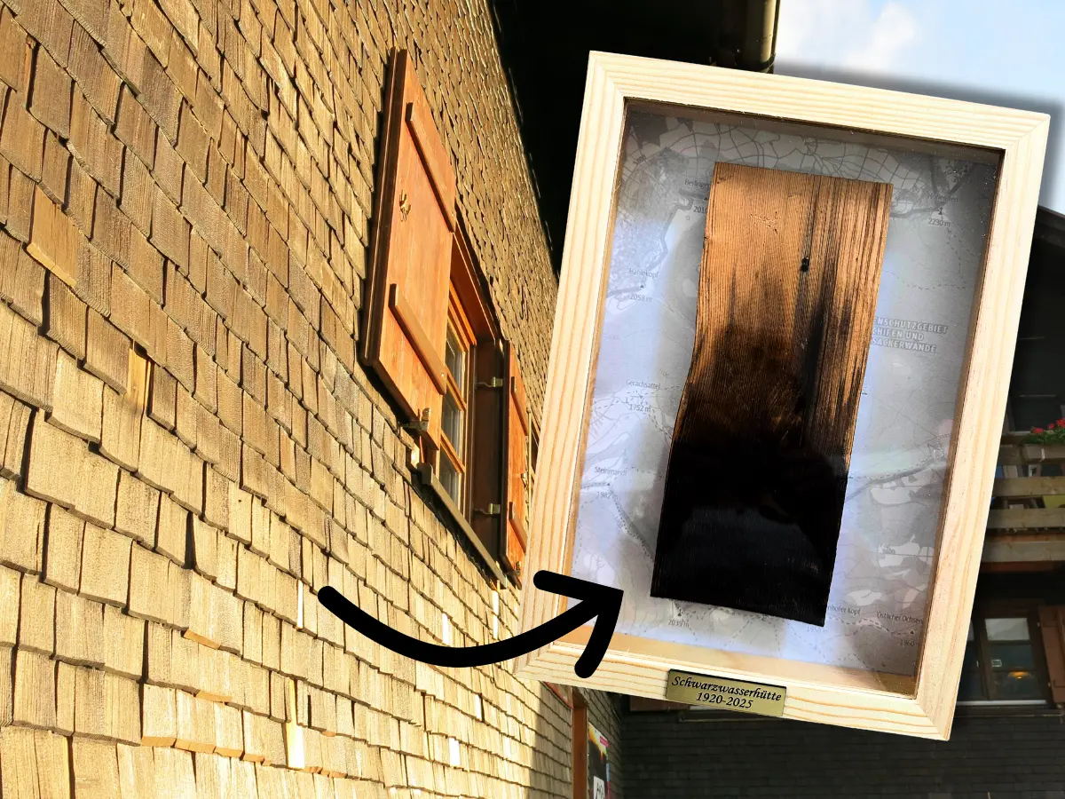 links: Hüttenfassade, rechts: Bilderrahmen mit Holzschindel | © Nina Ahrens