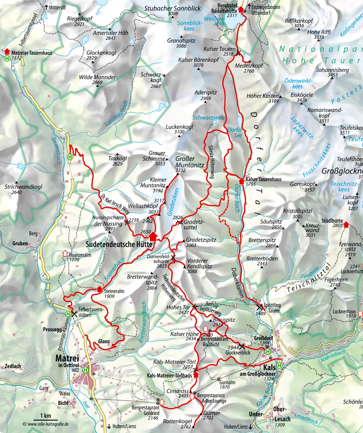 Karte der Granatspitzgruppe und Sudetendeutschen Hütte mit Wanderwegen | © rolle-kartographie.de