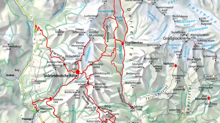 Karte der Granatspitzgruppe und Sudetendeutschen Hütte mit Wanderwegen | © rolle-kartographie.de