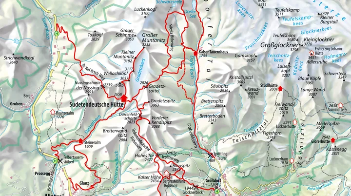 Karte der Granatspitzgruppe und Sudetendeutschen Hütte mit Wanderwegen | © rolle-kartographie.de