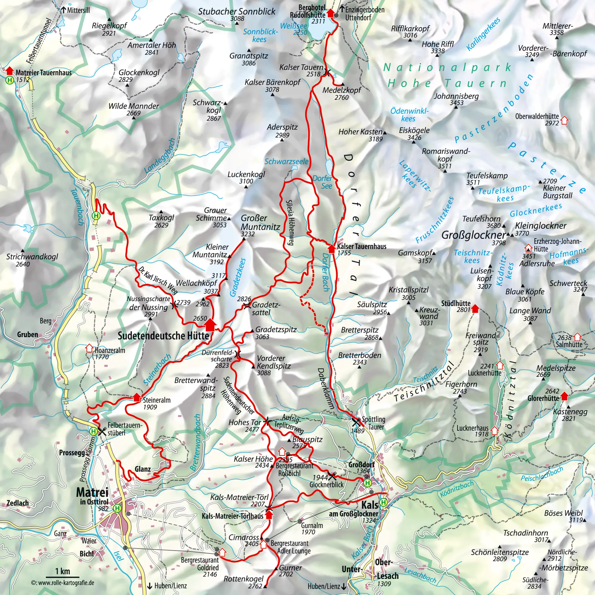 Karte der Granatspitzgruppe und Sudetendeutschen Hütte mit Wanderwegen | © rolle-kartographie.de