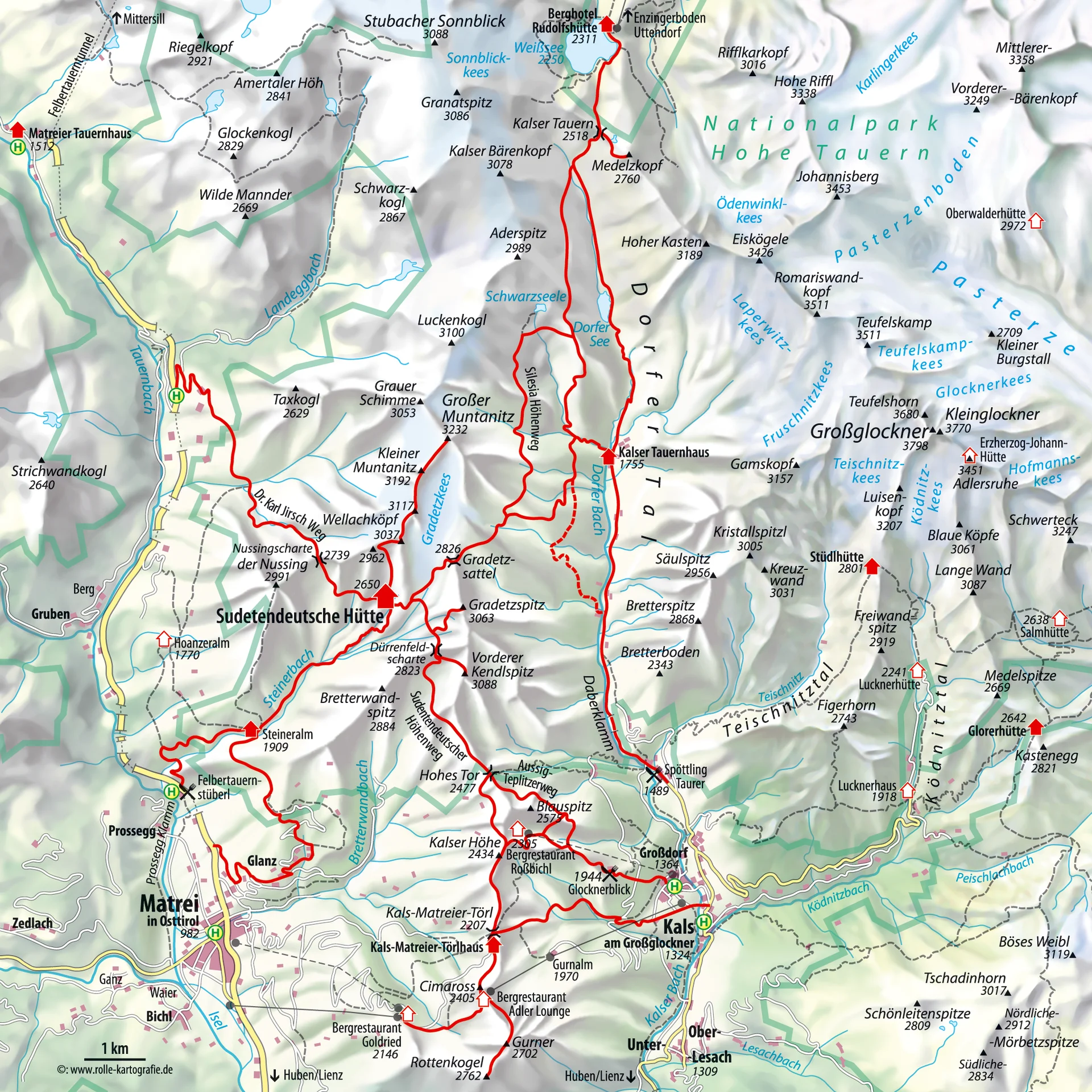 Karte der Granatspitzgruppe und Sudetendeutschen Hütte mit Wanderwegen | © rolle-kartographie.de