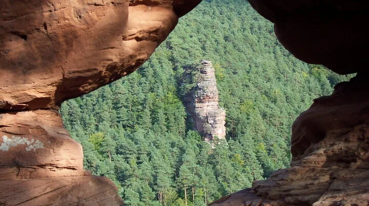 Blick über ein Loch im Feld auf den Glasfelsen im Pfälzerwald. | © DAV/Markus Maier