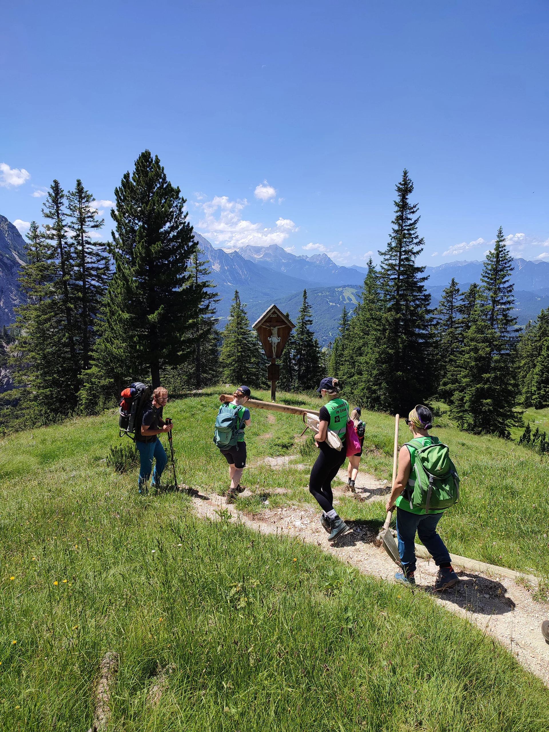 Wegbereitung: Menschen tragen gemeinsam einen Baumstamm über eine Wiese | © DAV